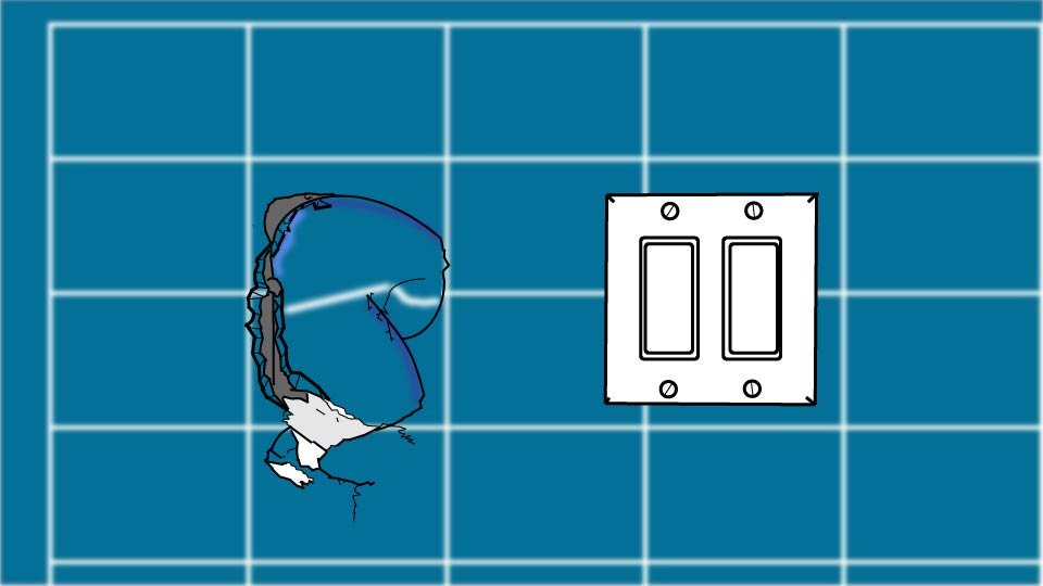 Technical line drawing of patch of broken drywall damaging the blueprint-style background by John D. Reinhart, created using the Three Point Line illustration method