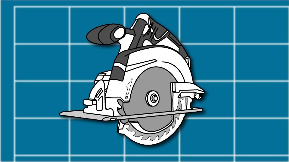 Technical line drawing of a circular saw against a blueprint-style background by John D. Reinhart, created using the Three Point Line illustration method