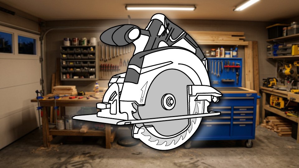 Technical three-point-line drawing of a circular saw in the Skippity workshop by John D. Reinhart