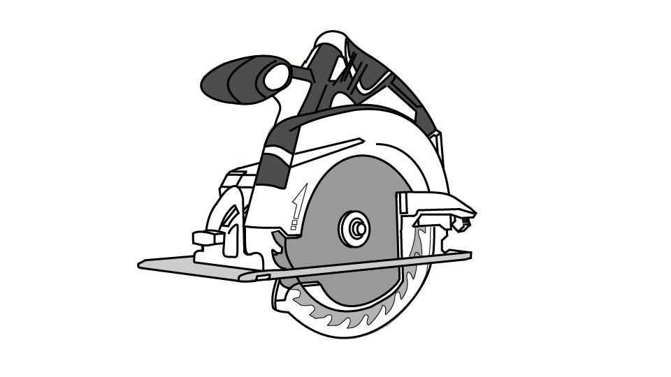 A line drawing of a circular saw (based on Ryobi reference photography) by John D Reinhart