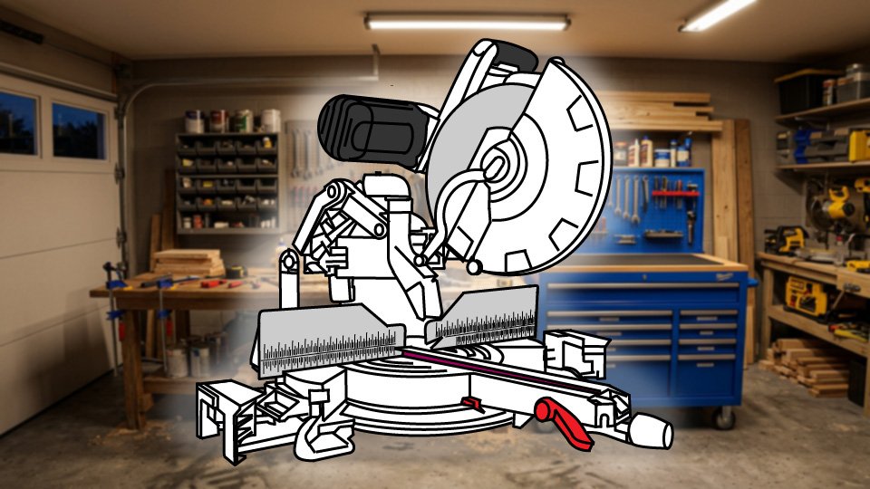 Technical three-point-line drawing of a compound miter saw in the Skippity workshop by John D. Reinhart