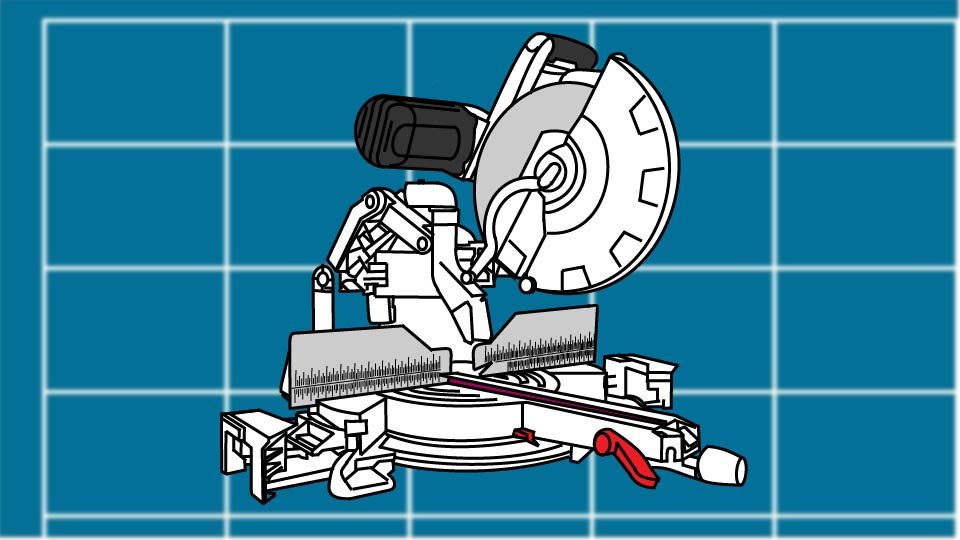 Technical line drawing of a compound miter saw against a blueprint-style background by John D. Reinhart, created using the Three Point Line illustration method