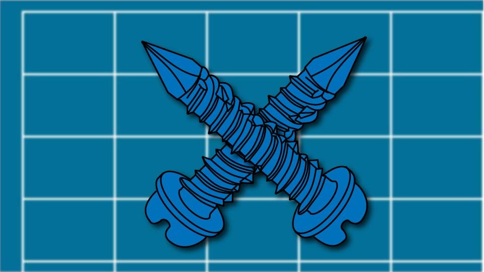 Technical line drawing of a crossed pair of concrete screws against a blueprint-style background by John D. Reinhart, created using the Three Point Line illustration method
