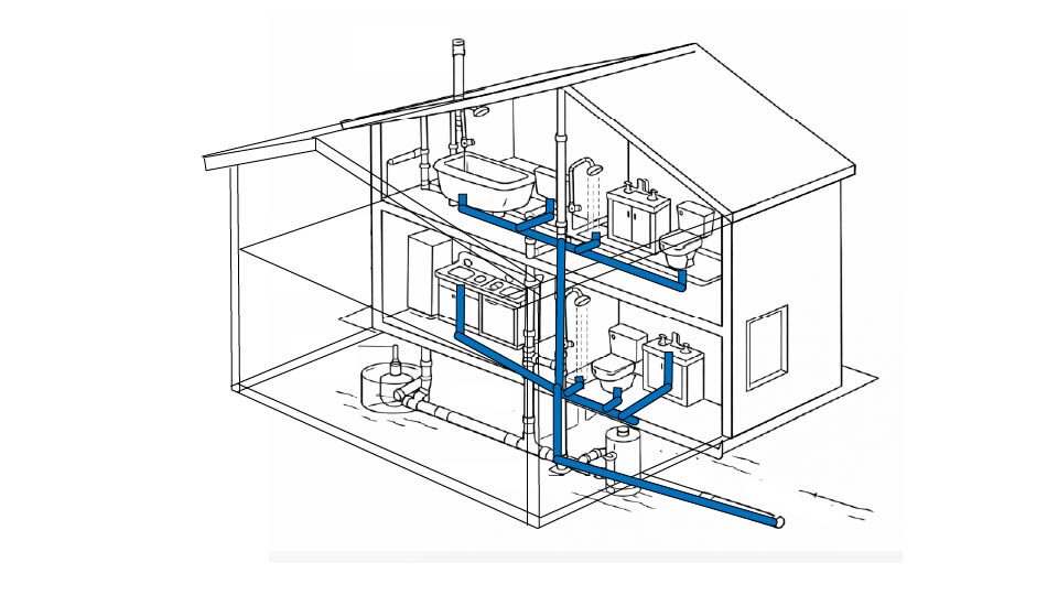 A line drawing of a house plumbing system with drains highlighted by John D Reinhart