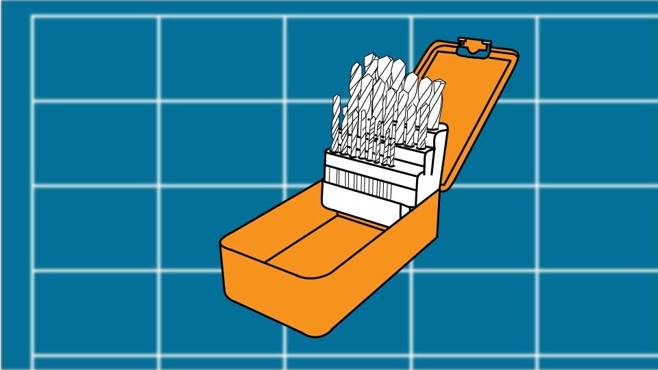Technical line drawing of a drill bit sset against a blueprint-style background by John D. Reinhart, created using the Three Point Line illustration method