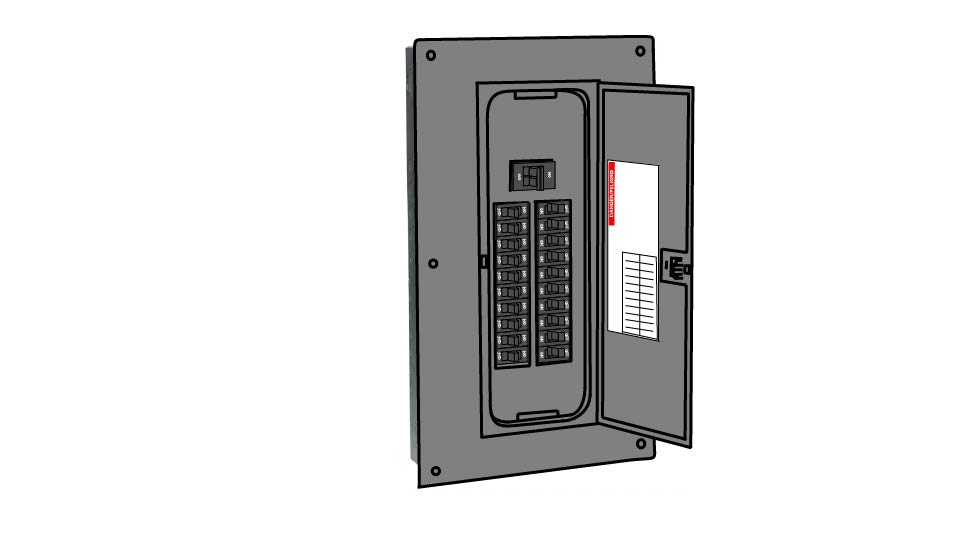 A line drawing of an open electrical panel with 20 circuit breakers by John D Reinhart