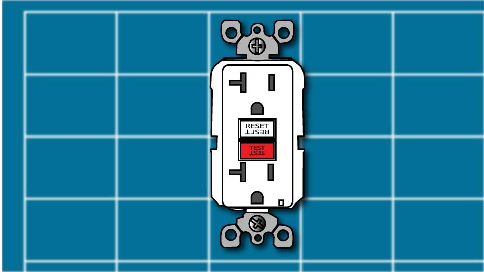 Technical line drawing of a GFCI receptacle against a blueprint-style background by John D. Reinhart, created using the Three Point Line illustration method