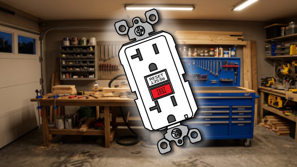 Technical three-point-line drawing of a GFCI receptacle in the Skippity workshop by John D. Reinhart