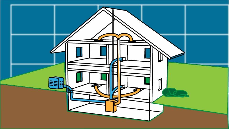 Technical line drawing of a common household HVAC system against a blueprint-style background by John D. Reinhart, created using the Three Point Line illustration method
