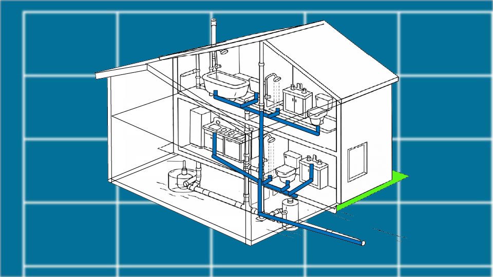 Technical line drawing of a household drain system against a blueprint-style background by John D. Reinhart, created using the Three Point Line illustration method