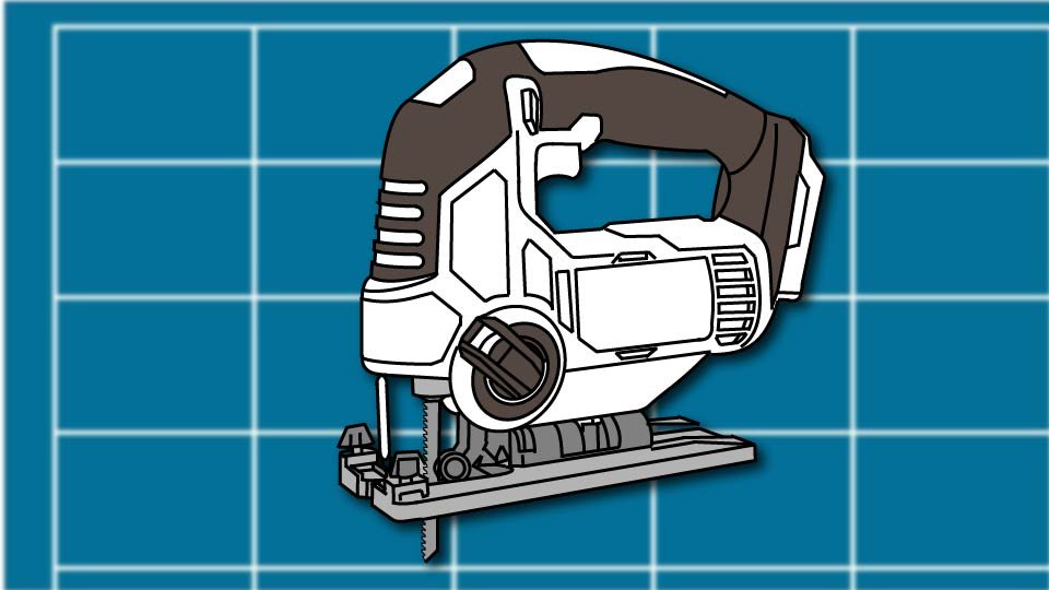 Technical line drawing of a jigsaw against a blueprint-style background by John D. Reinhart, created using the Three Point Line illustration method