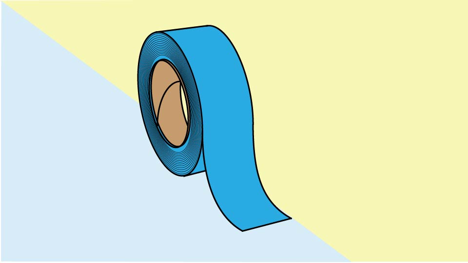 A line drawing of a roll of masking tape marking the line between pale yellow and pale blue by John D Reinhart