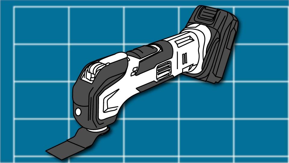Technical line drawing of an oscillating saw against a blueprint-style background by John D. Reinhart, created using the Three Point Line illustration method