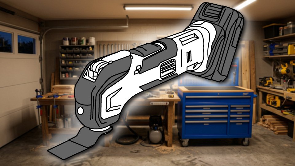 Technical three-point-line drawing of an oscillating tool in the Skippity workshop by John D. Reinhart