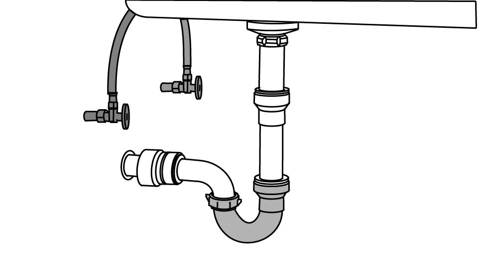 A line drawing of the plumbing under a kitchen sink by John D Reinhart