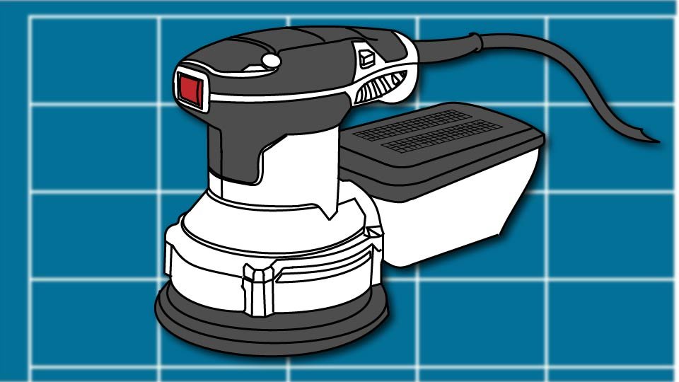 Technical line drawing of a power sander against a blueprint-style background by John D. Reinhart, created using the Three Point Line illustration method