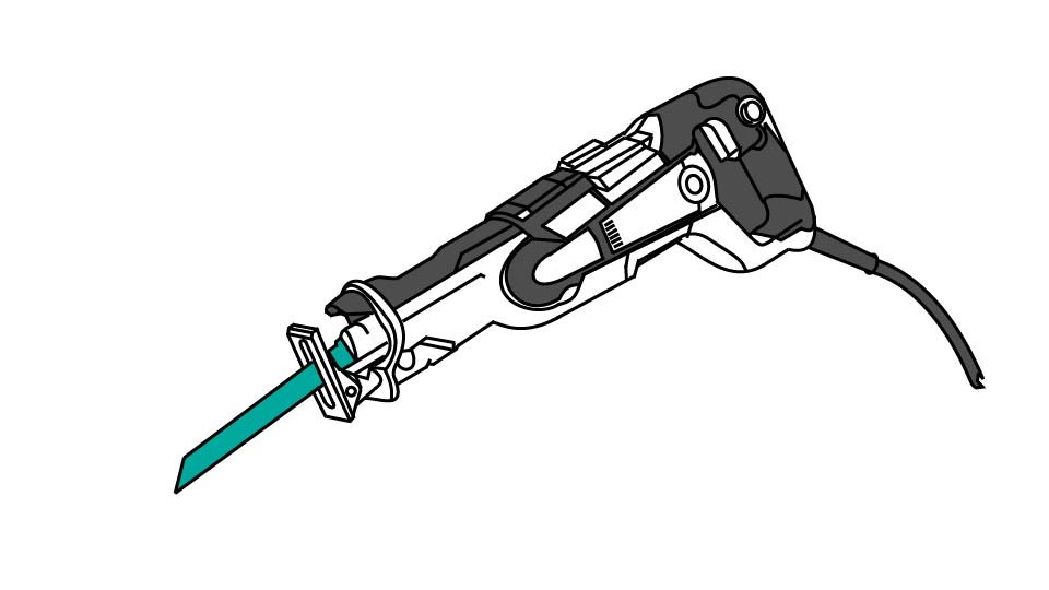 A line drawing of a reciprocating saw (based on Makita photography) by John D Reinhart