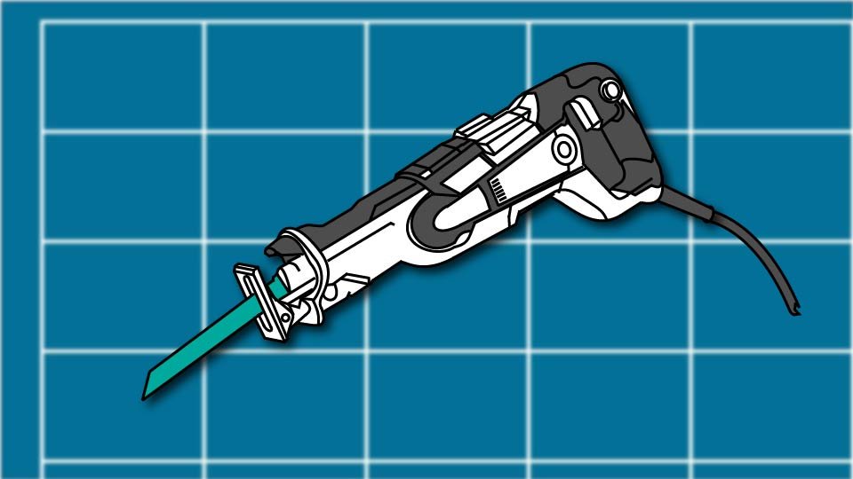 Technical line drawing of a reciprocating saw against a blueprint-style background by John D. Reinhart, created using the Three Point Line illustration method