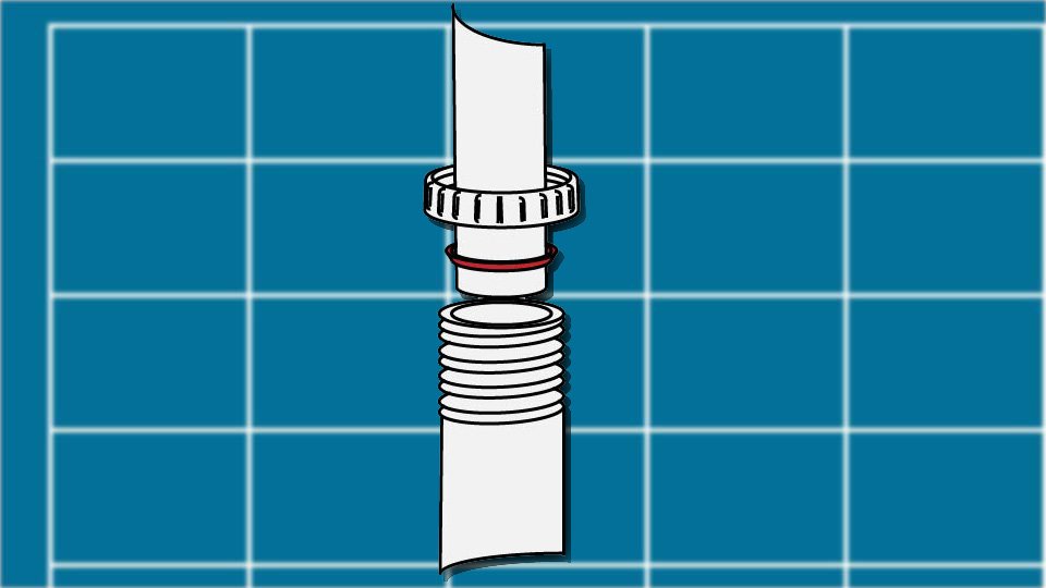 Technical line drawing of a red rubber compression seal in place on a pipe against a blueprint-style background by John D. Reinhart, created using the Three Point Line illustration method