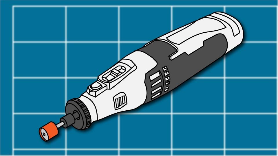 Technical line drawing of a rotary tool against a blueprint-style background by John D. Reinhart, created using the Three Point Line illustration method