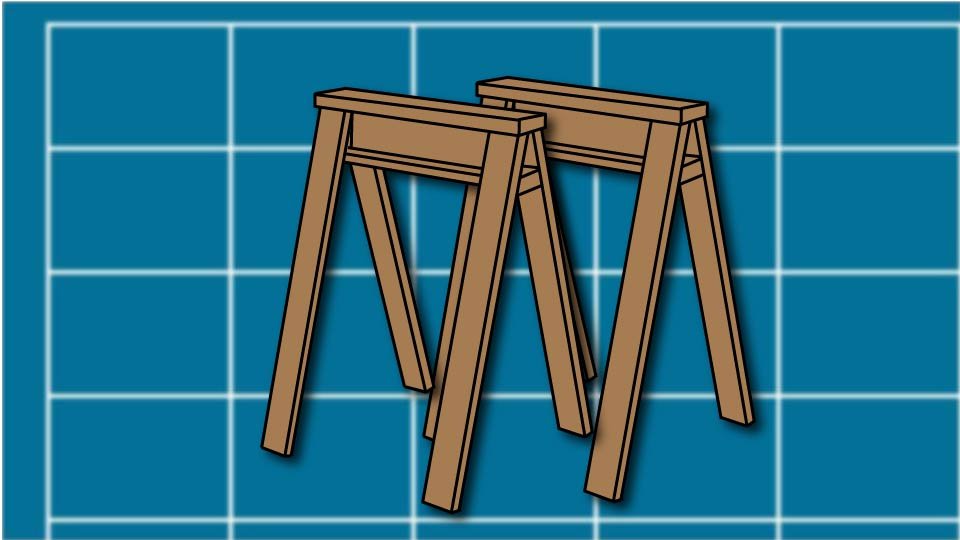 Technical line drawing of a pair of sawhorses against a blueprint-style background by John D. Reinhart, created using the Three Point Line illustration method