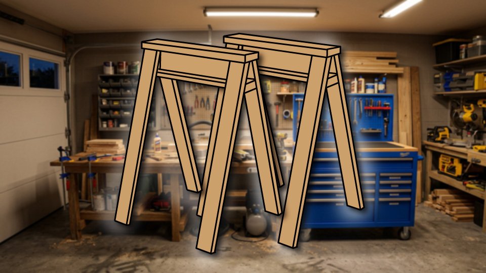 Technical three-point-line drawing of variety of a pair of sawhorses in the Skippity workshop by John D. Reinhart