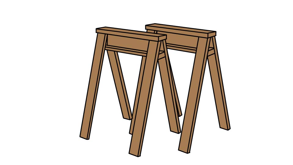 A line drawing of a pair of sawhorses by John D Reinhart