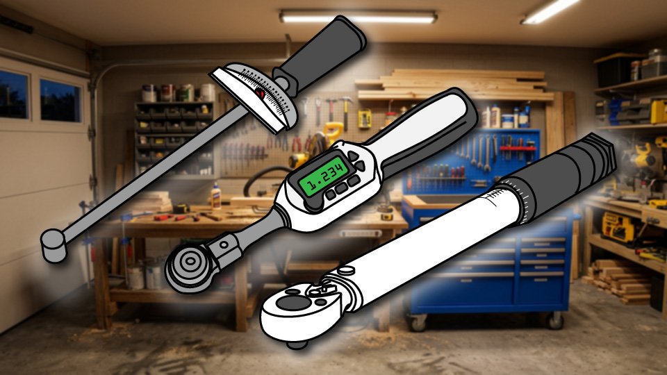 Technical three-point-line drawing of a trio of torque wrenhes in the Skippity workshop by John D. Reinhart