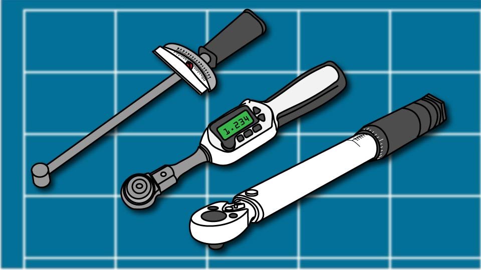 Technical line drawing of the three types of torque wrenches arrayed against a blueprint-style background by John D. Reinhart, created using the Three Point Line illustration method