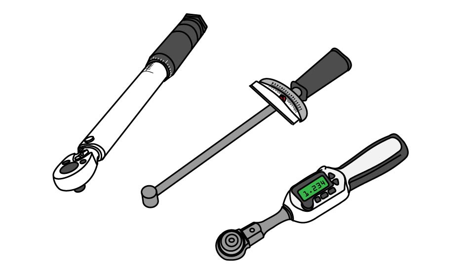 A line drawing of a click-style, a beam-style, and a digital torque wrench by John D Reinhart