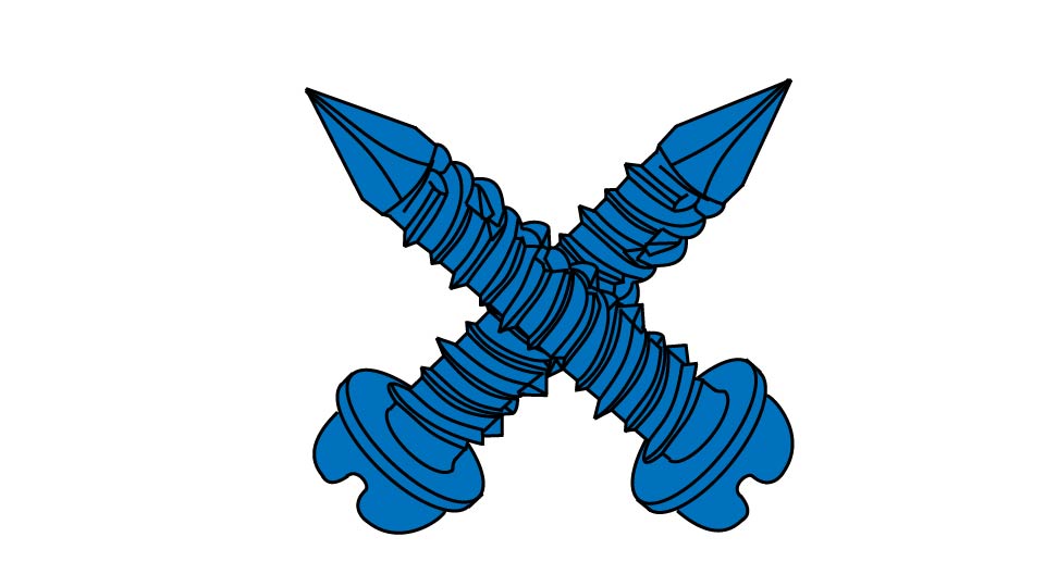 A line drawing of crossed concrete screws by John D Reinhart