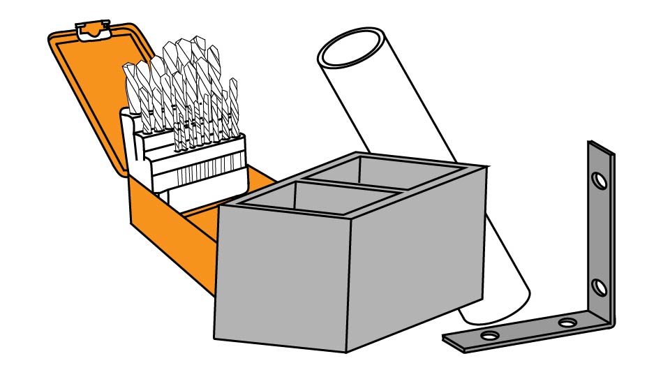 A line drawing of a variety of materials posed in front of a drill bit set