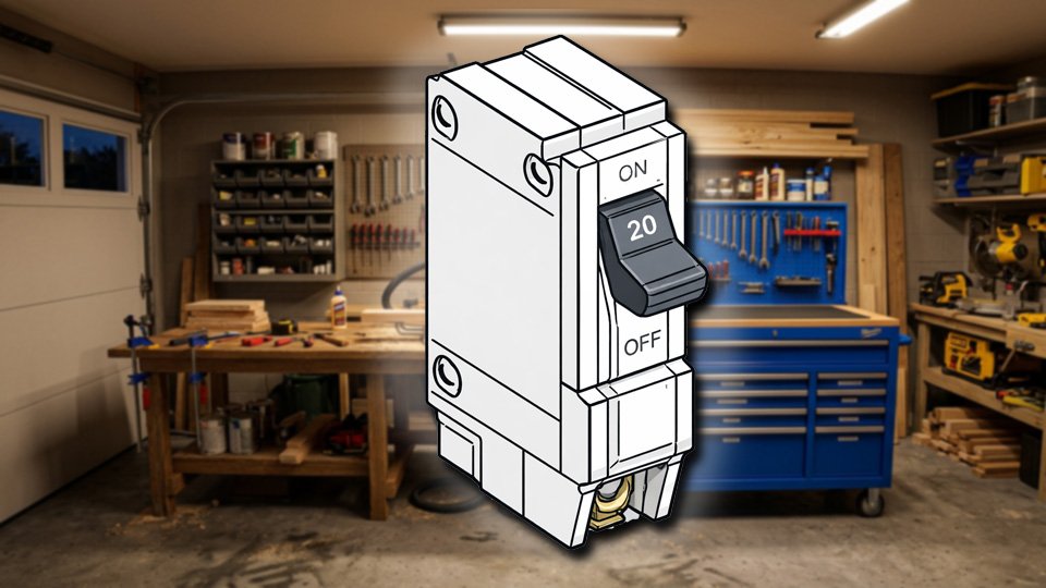 Technical three-point-line drawing of a 20-amp circuit breaker in the Skippity workshop by John D. Reinhart