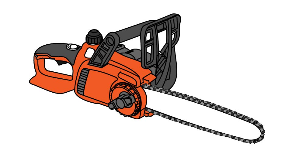 A line drawing of a chainsaw (based on Black & Decker photography) by John D Reinhart.