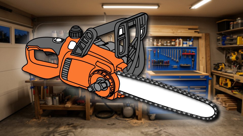 Technical three-point-line drawing of a chainsaw in the Skippity workshop by John D. Reinhart