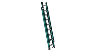 A technical line drawing of an extension ladder by John D Reinhart in the Three-Point method.