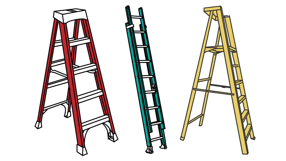 A technical drawing of a trio of ladder types by John D Reinhart in the Three-Point method.