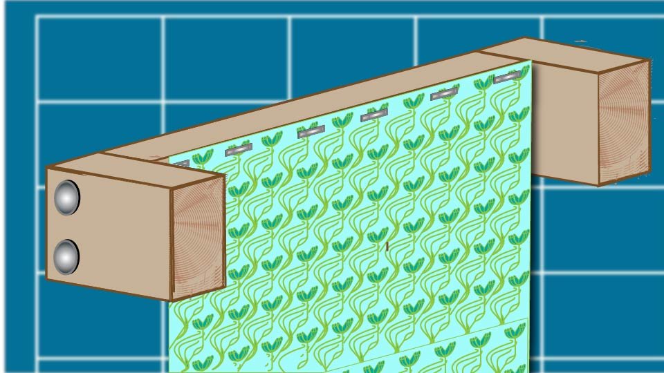 Technical line drawing of fabric stapled to a pair of boards that are nailed together, against a blueprint-style background by John D. Reinhart, created using the Three Point Line illustration method