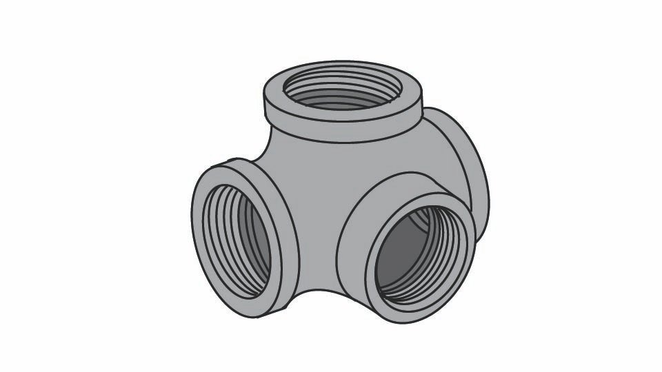 Technical line drawing of a four-way iron pipe fitting by John D. Reinhart, created using the Three Point Line illustration method